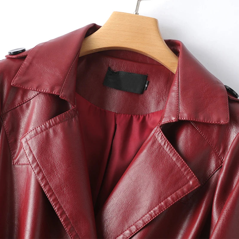 Wine Red Double Breasted Belt Lambskin Sheepskin Trench Coat