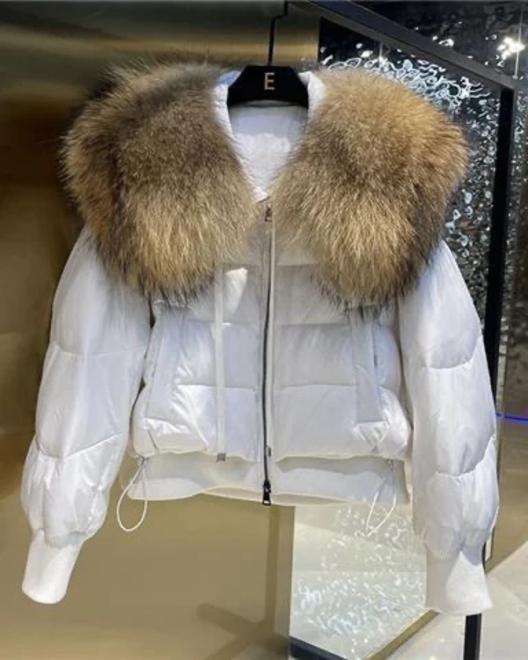 Faux Fur Collar Short Jacket White & Khaki S 