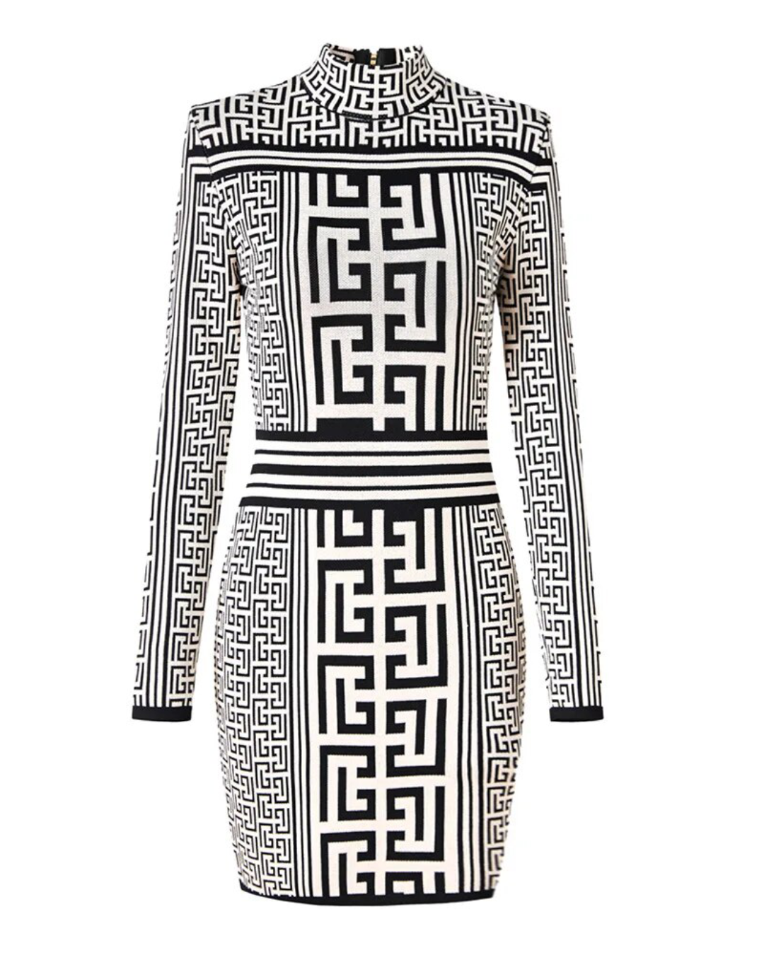 Geometric Pattern Long Sleeved Knitted Dress Black & White S 