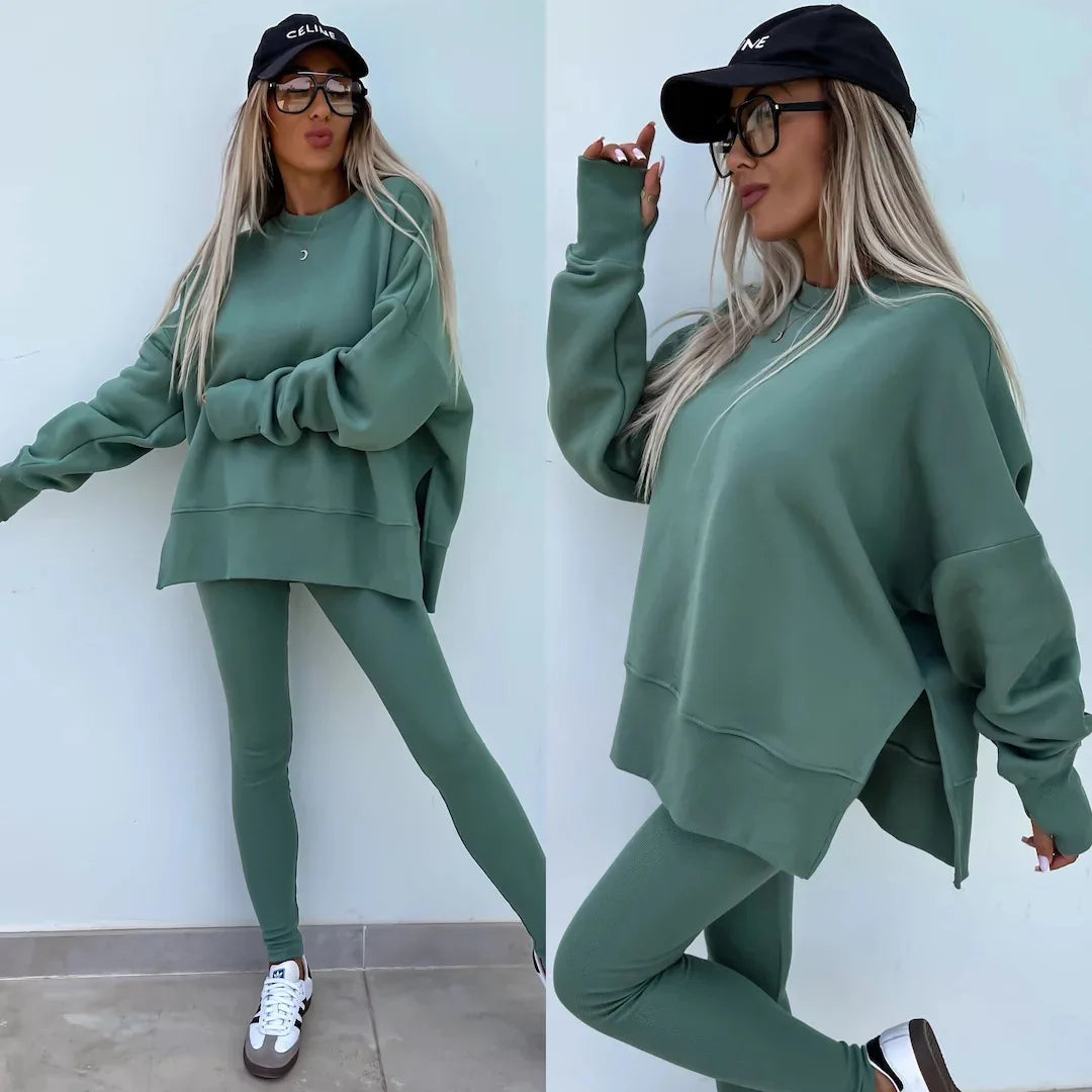 Long Sleeve O-Neck Pullover Sweatshirt 2-Piece Outfit army green L