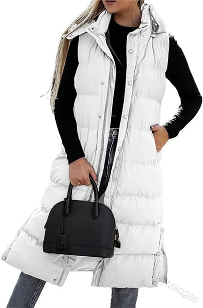 Long Hooded Sleeveless Puffer Jacket WHITE S