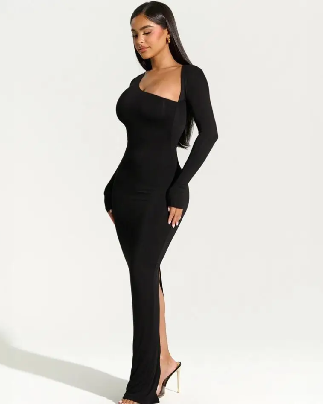 Asymmetrical Long Sleeve Maxi Dress Black S 