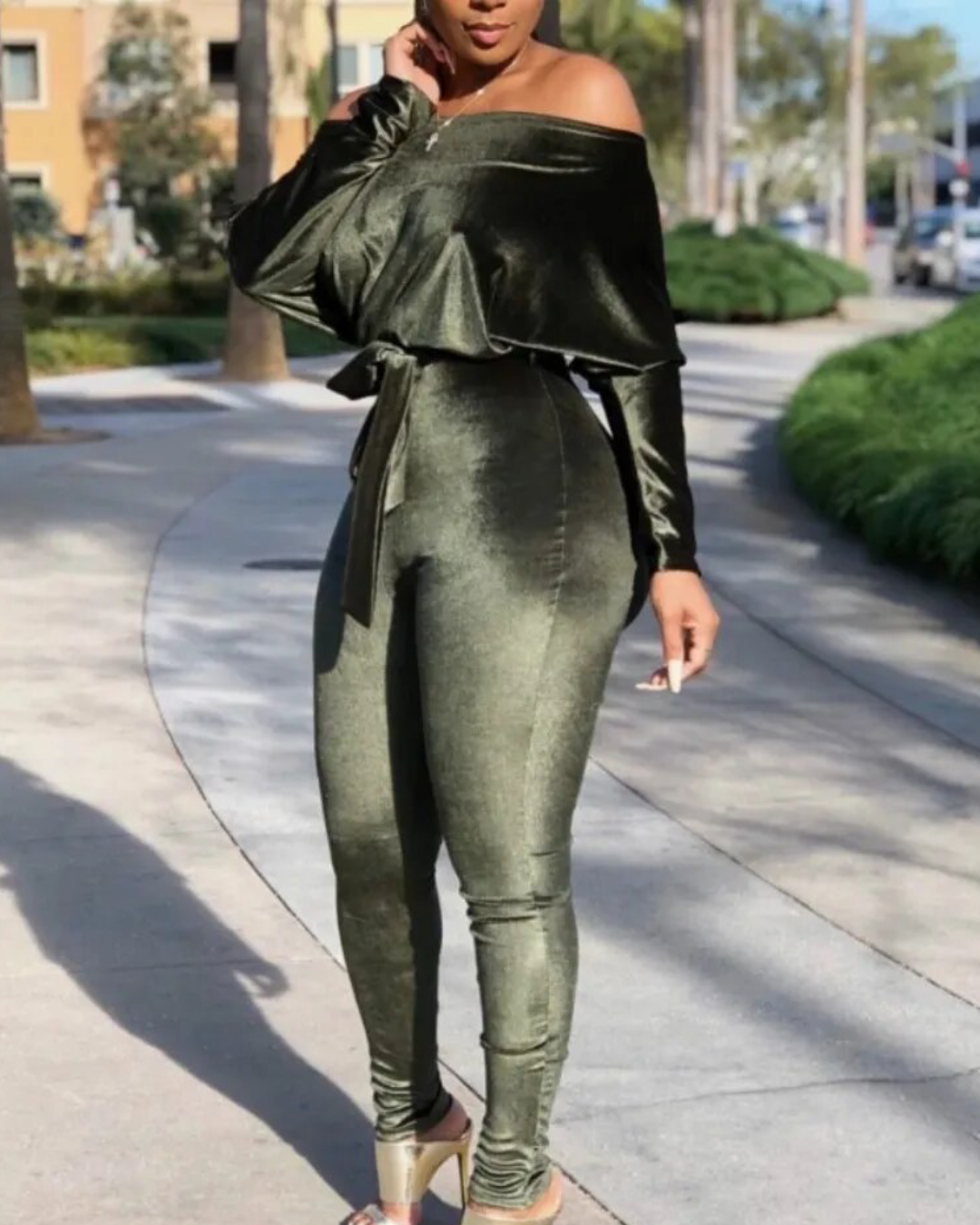 One Shoulder Velour Jumpsuit Green S 