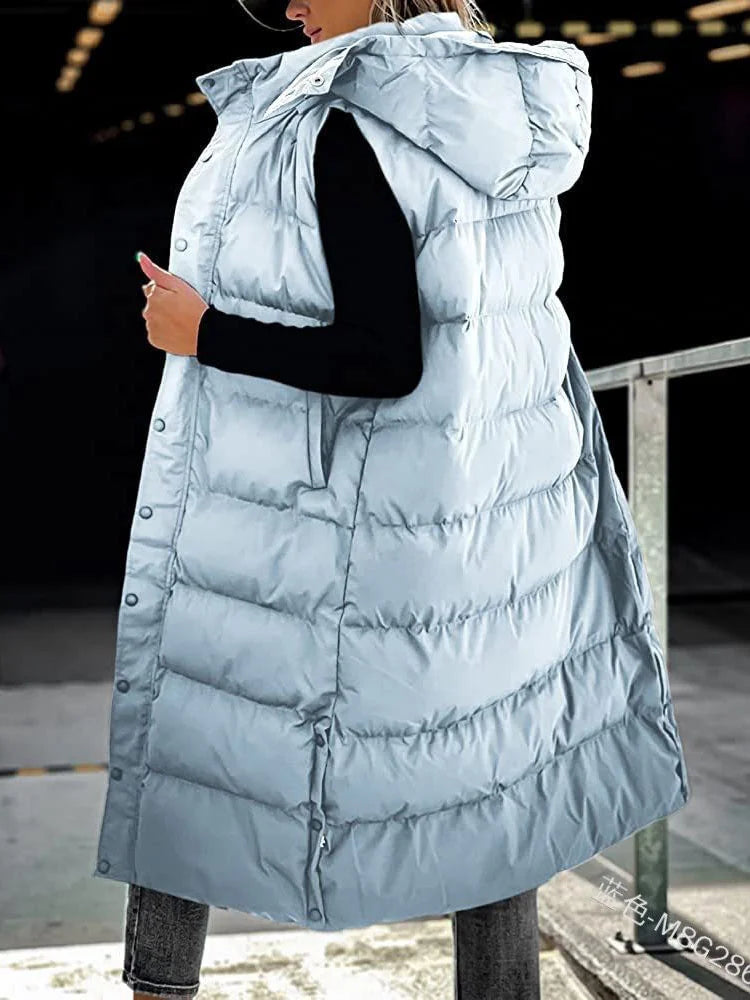 Long Hooded Sleeveless Puffer Jacket