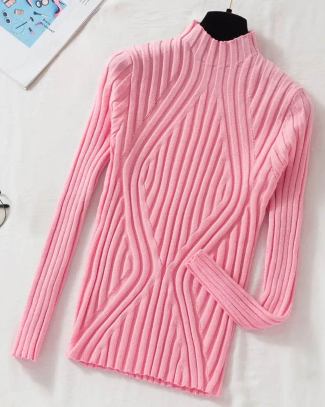 Half Turtleneck Long Sleeve Knitted Sweater Pink One Size 