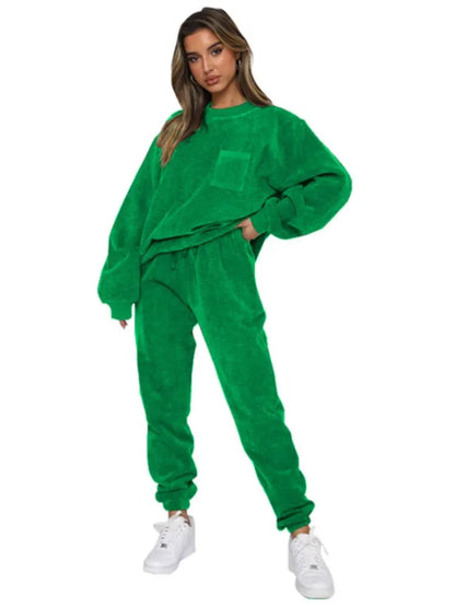 Women's 2-Piece Corduroy Solid Color Pullover with Long Sleeves green XL