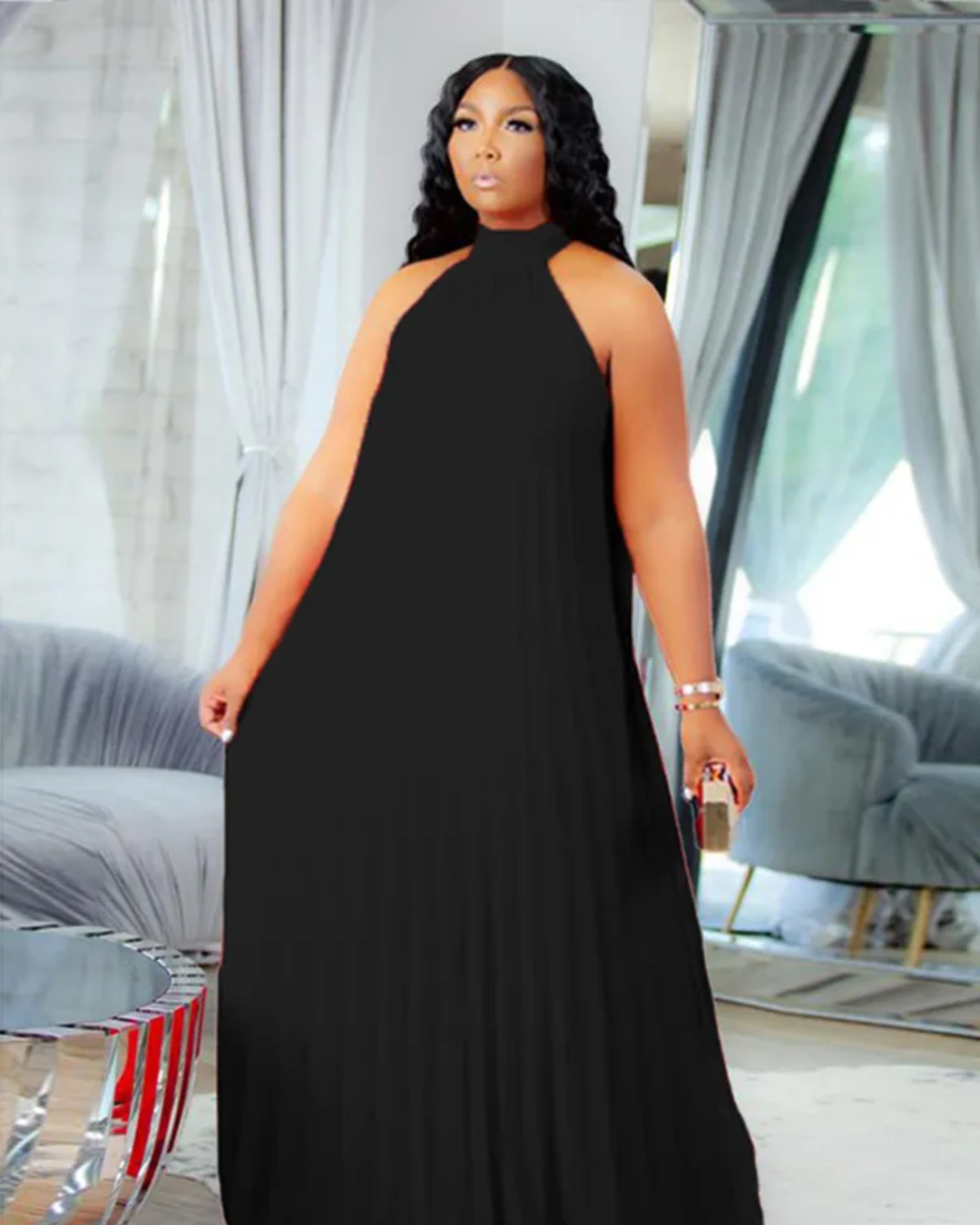 Plus Size Sleeveless Long Halter Dress Black XL 