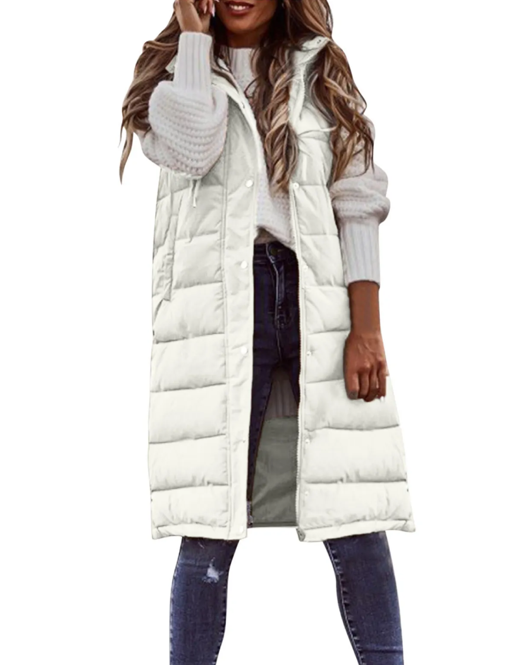 Cotton Padded Long Hooded Jacket White S 