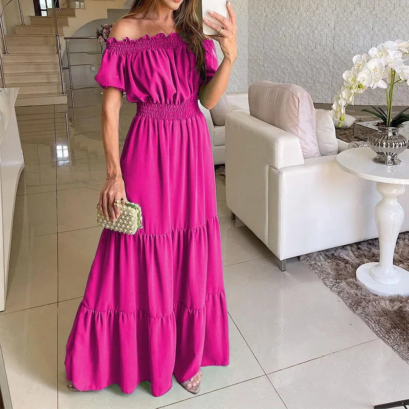 Off Shoulder Hem Lace Up Maxi Dress Rose Red S