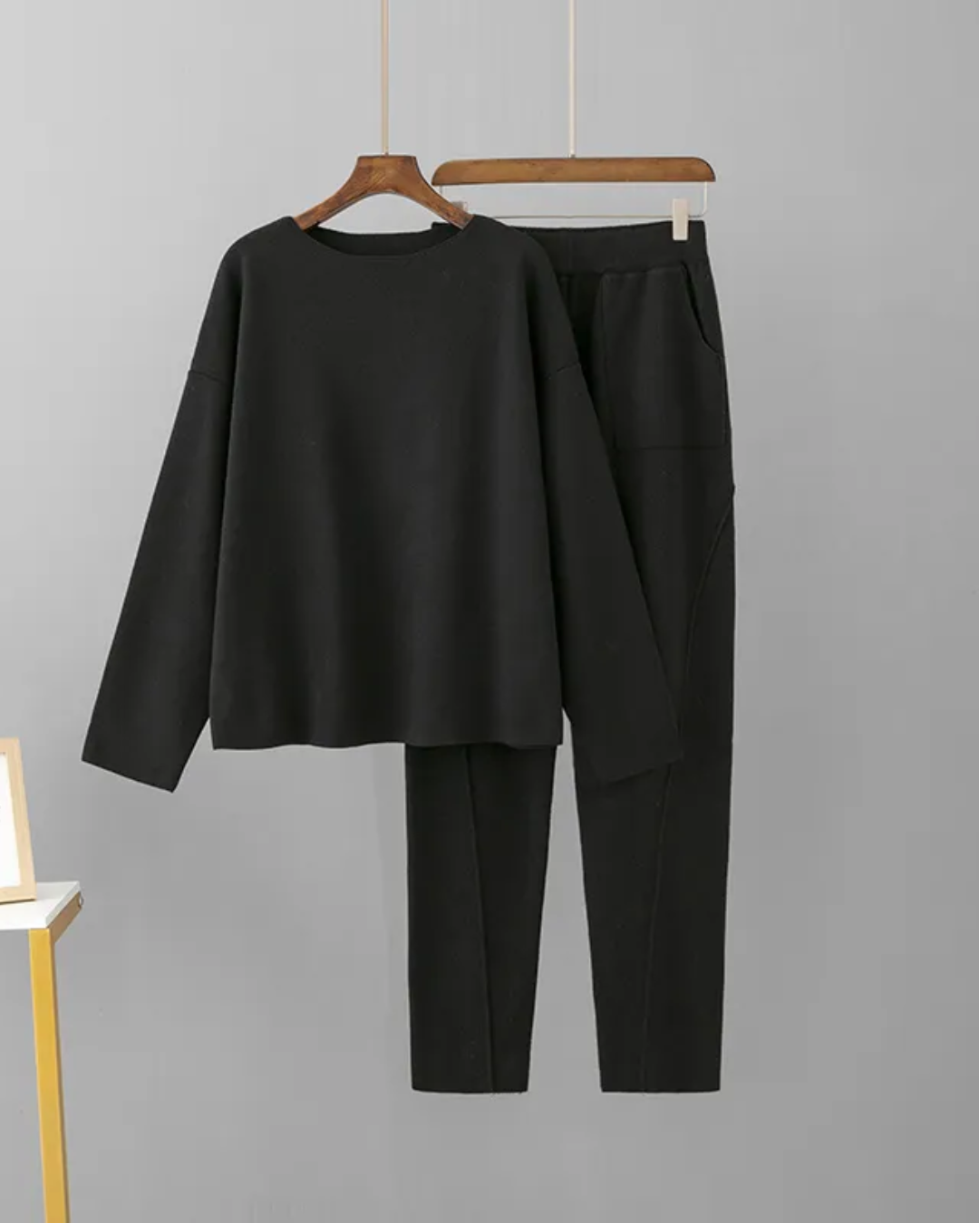 O Neck Loose Sweater & Pants Set Black One Size 