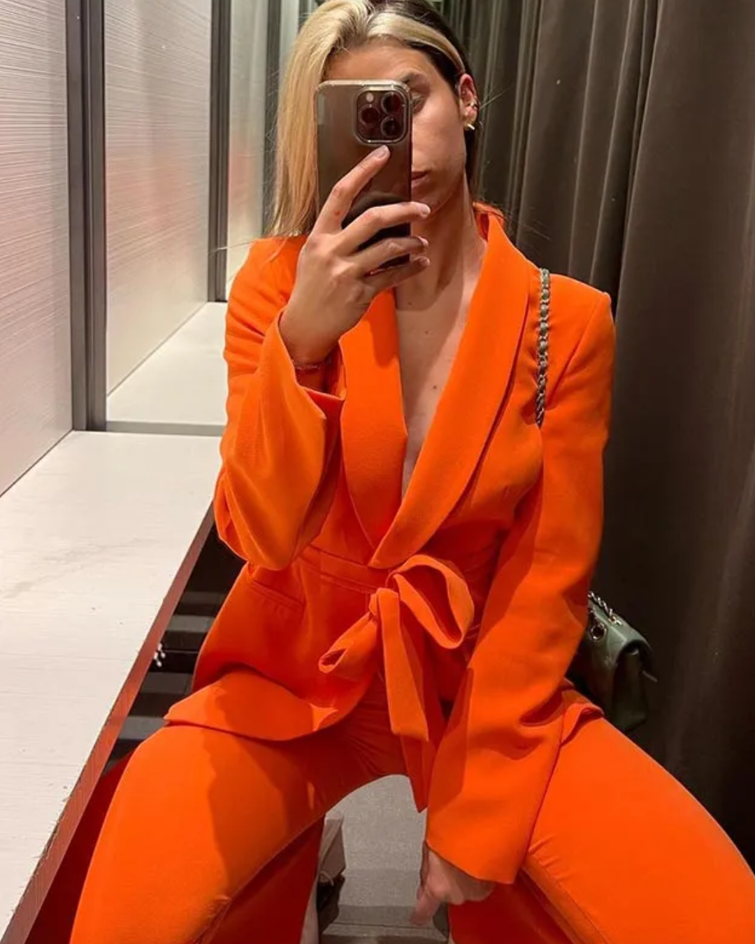 Belted Blazer Top & Pants Set Orange Set XS 