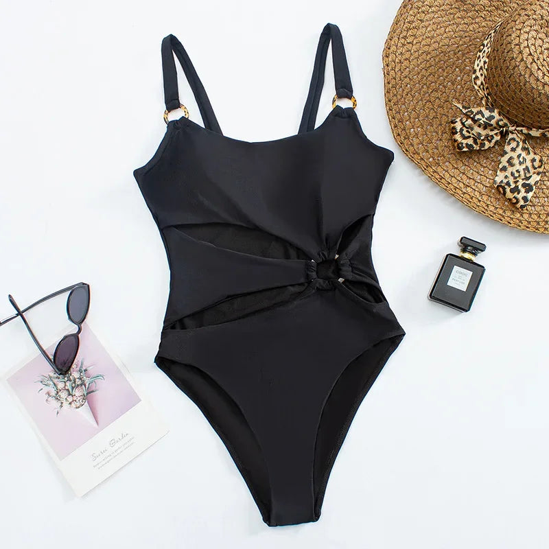 One piece flower cutout bikini cut swimsuit