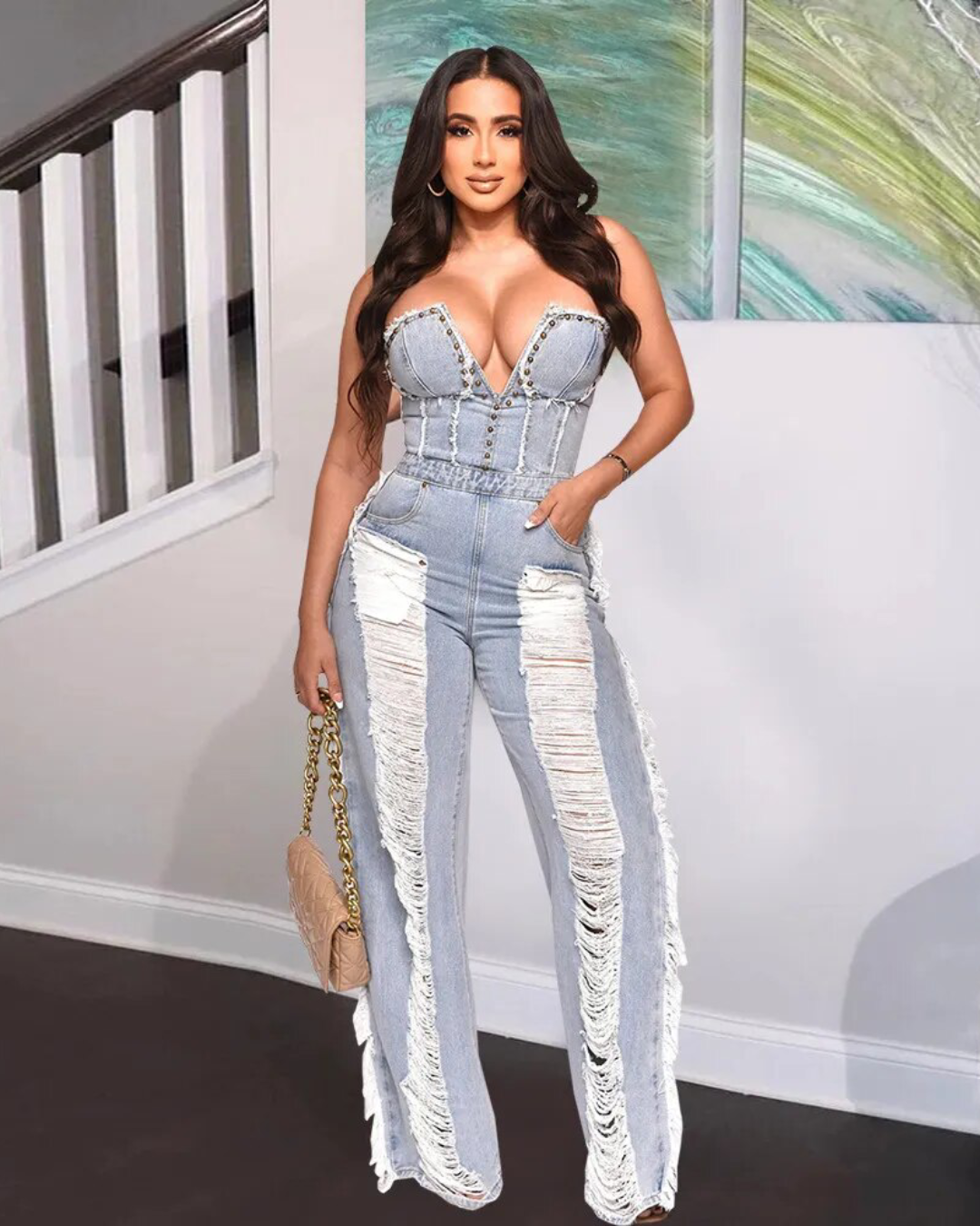 Off Shoulder Tassel Denim Jumpsuit   