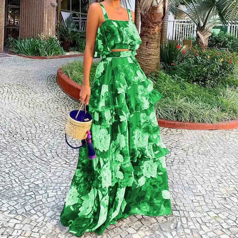 Sexy Spaghetti Strap Backless Two-Piece Outfit green M