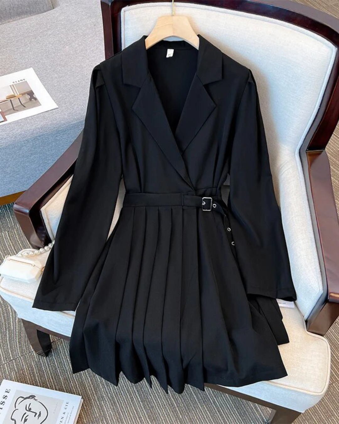 Plus Size High Waist Pleated Dress Black M 