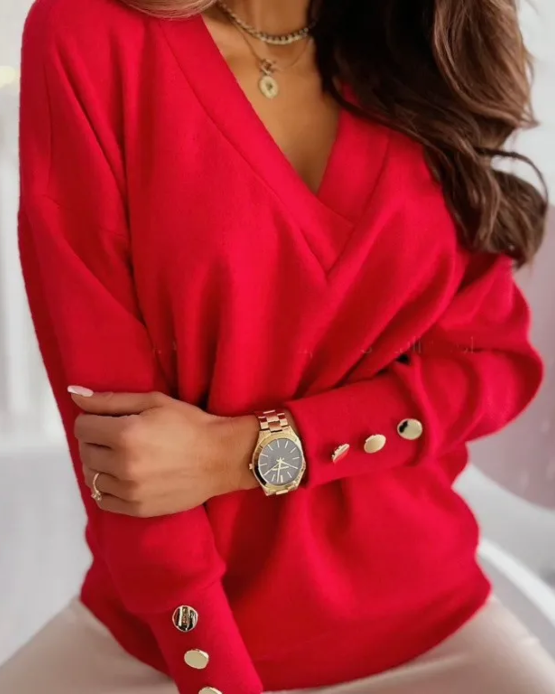 Long Sleeve Knitted V Neck Sweater Red S 