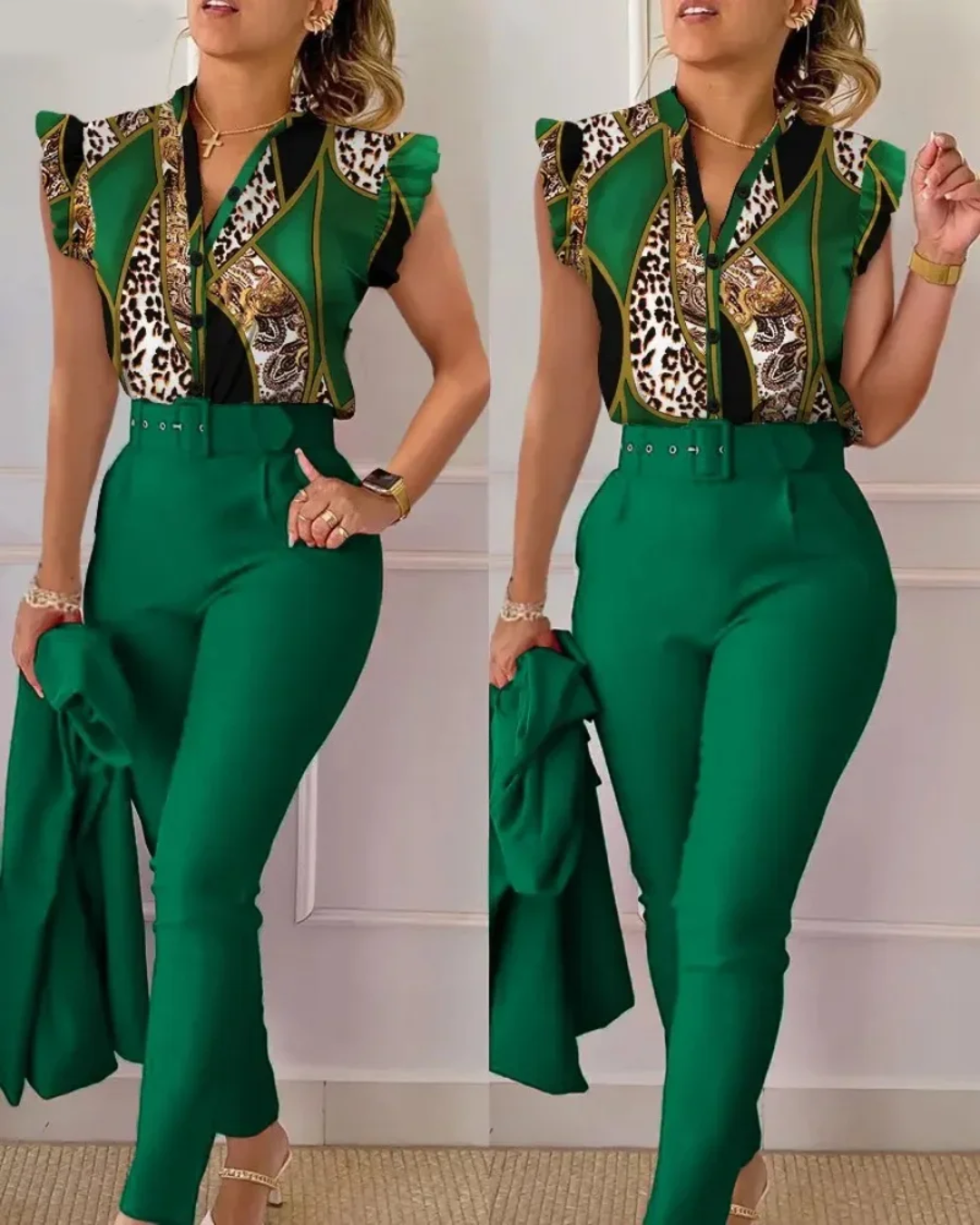 Floral Print Shirt and High Waist Pants with Belt Green S 