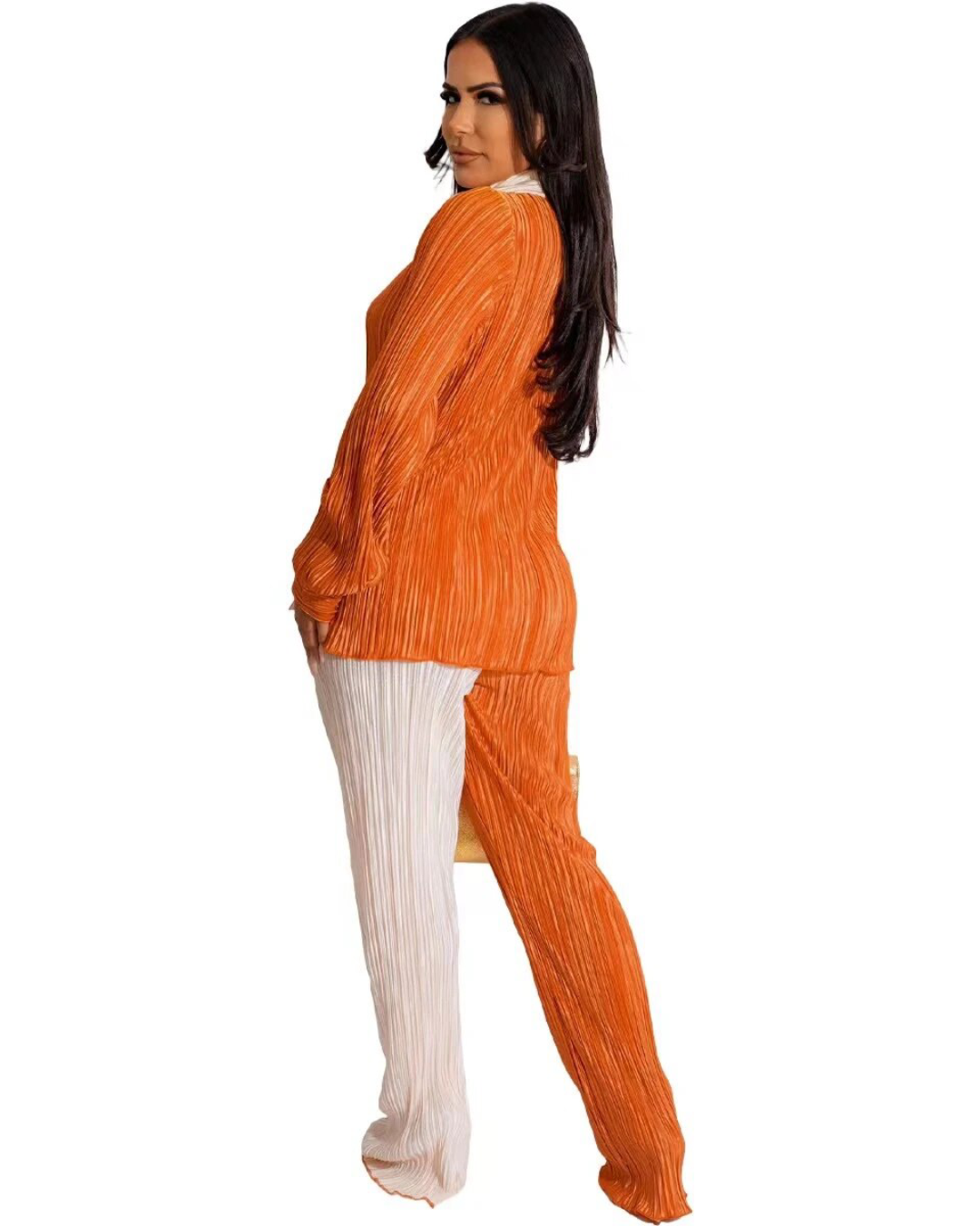 Pleated Spliced Long Sleeve Shirt and Wide Pants Set   