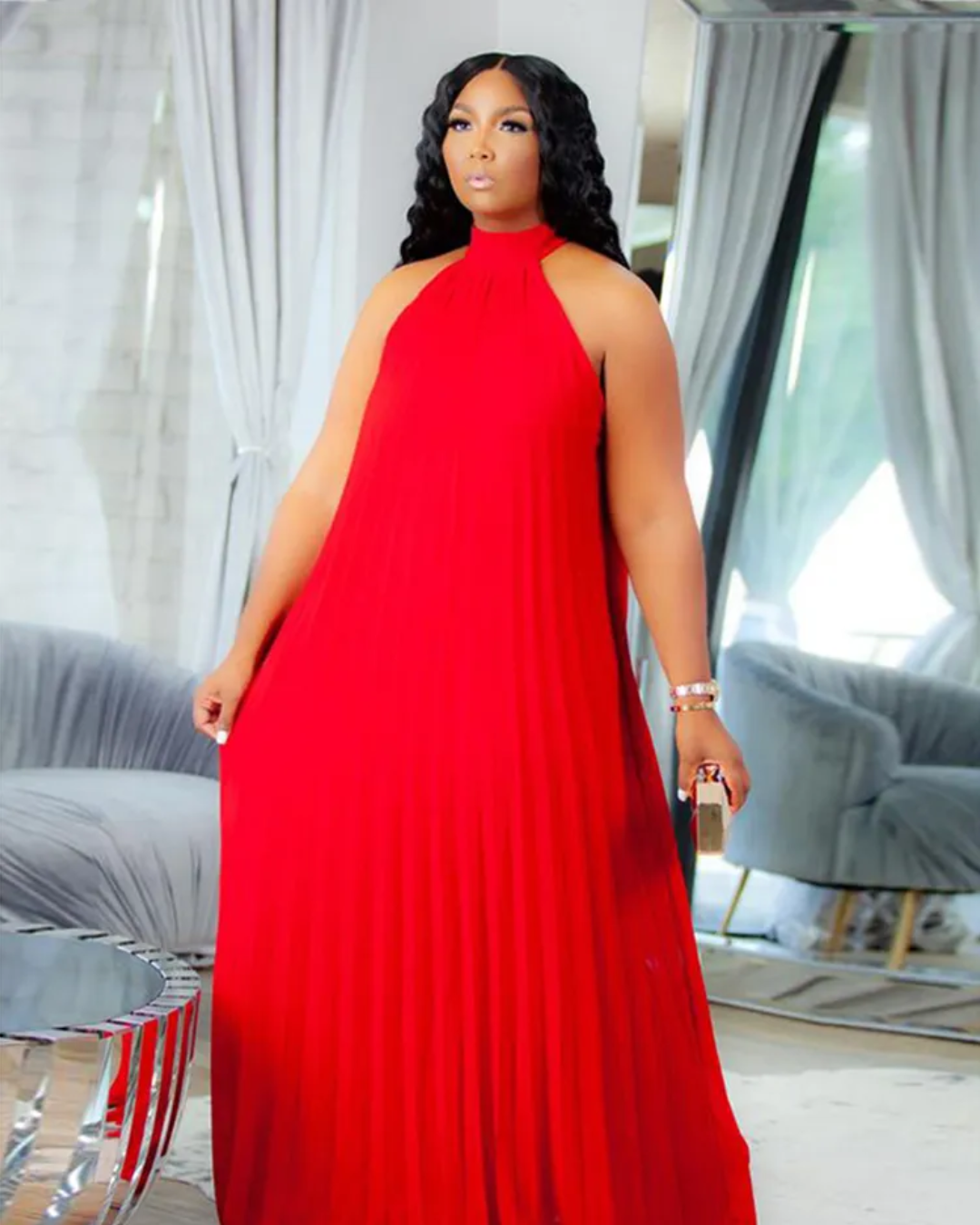 Plus Size Sleeveless Long Halter Dress Red XL 