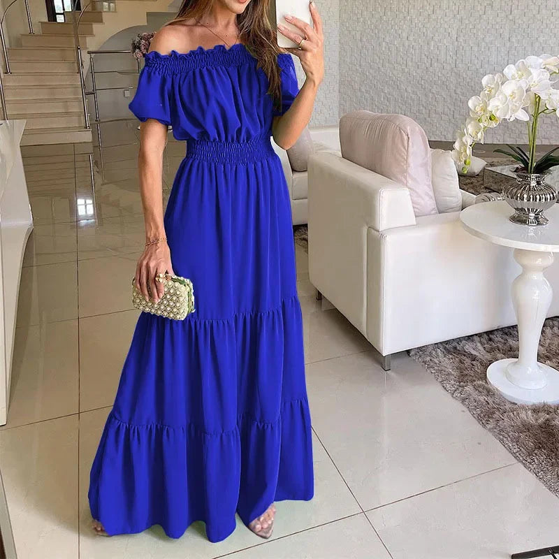 Off Shoulder Hem Lace Up Maxi Dress Blue S