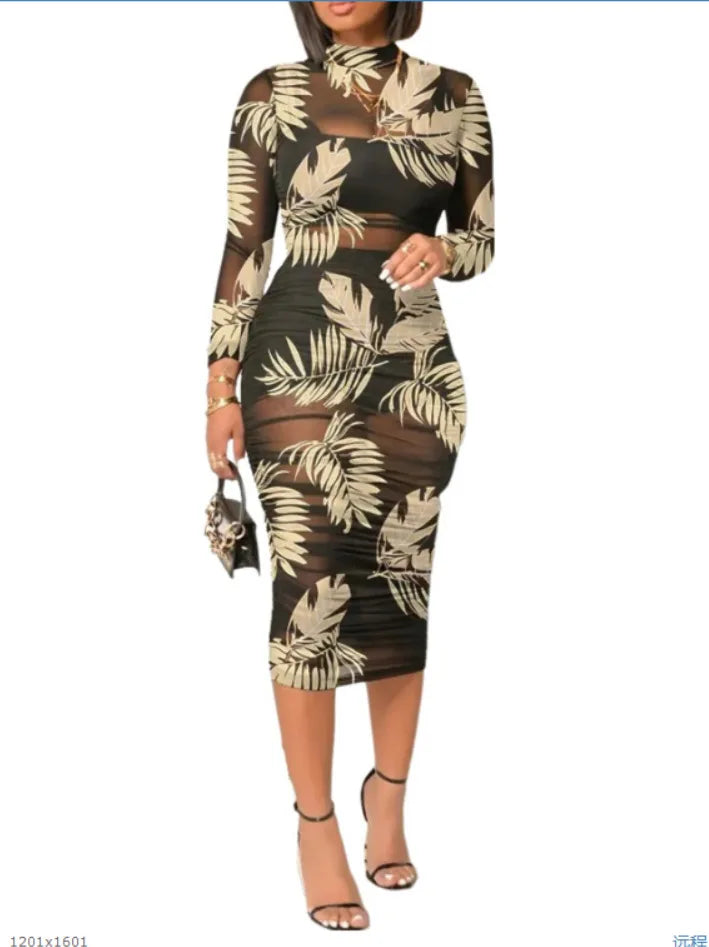 Floral Printed Sexy Mesh Gauze Mid Length Dress Leaves S