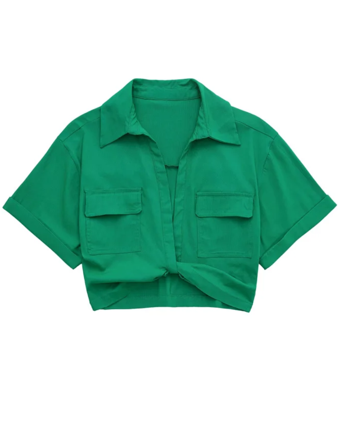 Cropped Patch Pockets Shirt Green XS 