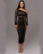Diagonal Collar Long Sleeve Backless Midi Dress Black S 