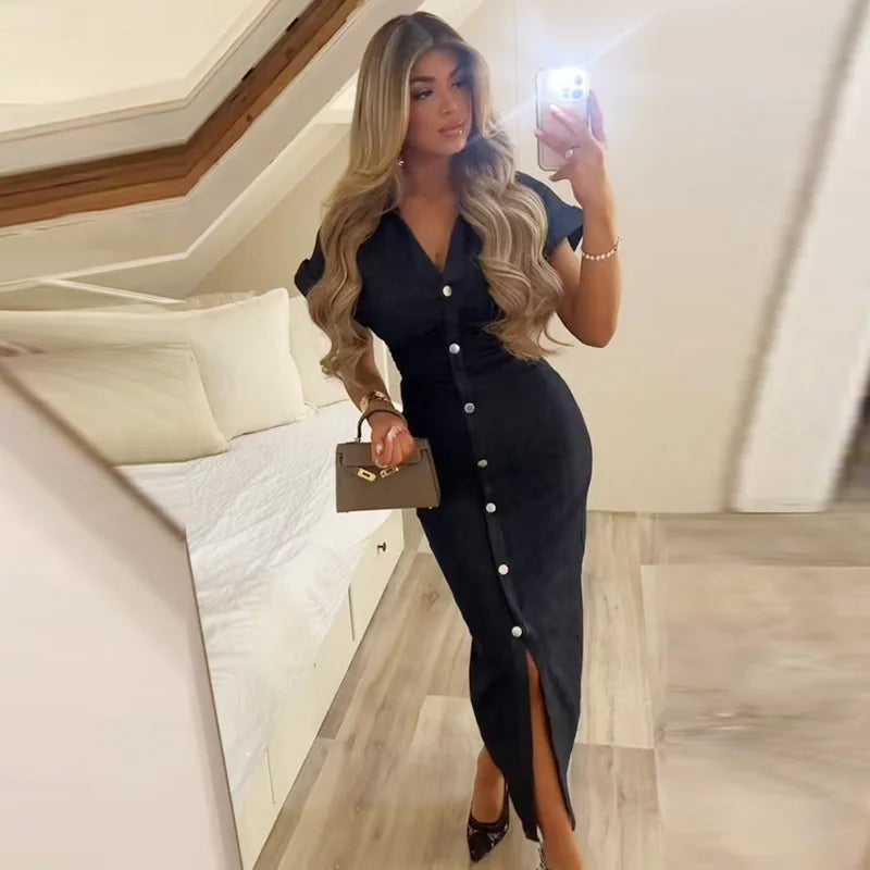 Ruched Waist Popper Front Denim Dress