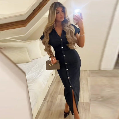 Ruched Waist Popper Front Denim Dress