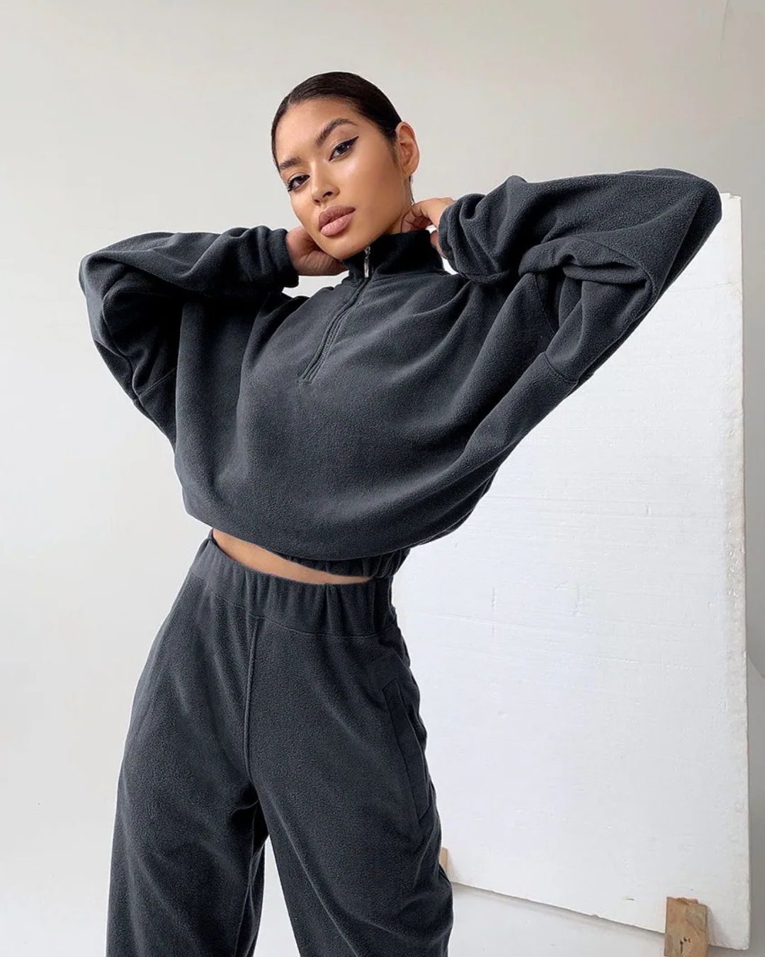 Zipper Sweatshirts and Sweatpants Two Piece Set Black S 