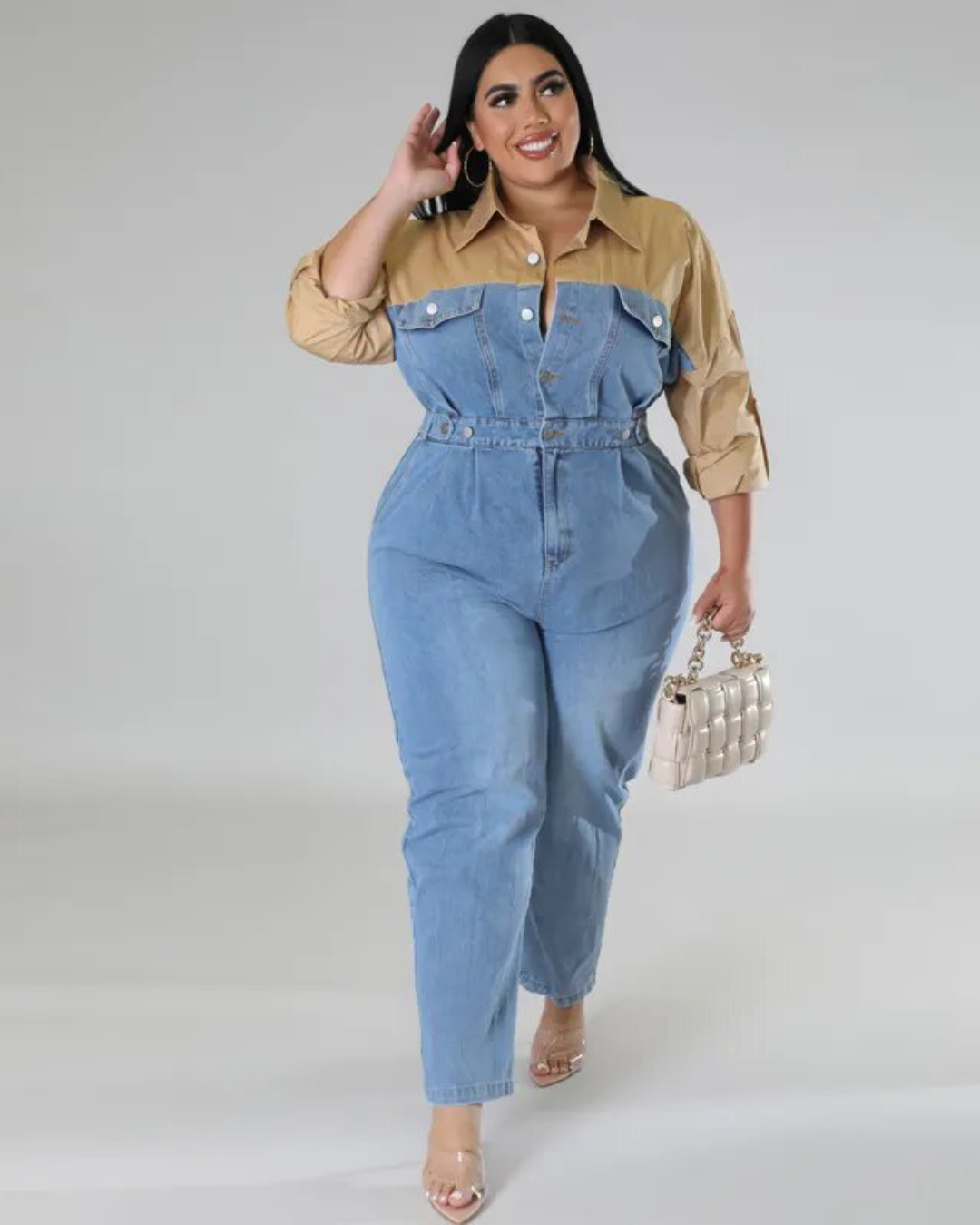 Plus Size One Piece Denim Jumpsuit Light  Blue XL 