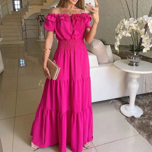 Off Shoulder Hem Lace Up Maxi Dress rose red 1 S