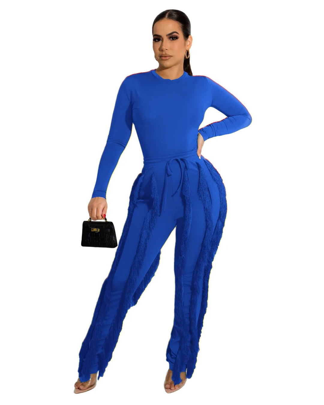 Sleeveless Bodysuit and Fringe Tassel Trousers Set Blue S 
