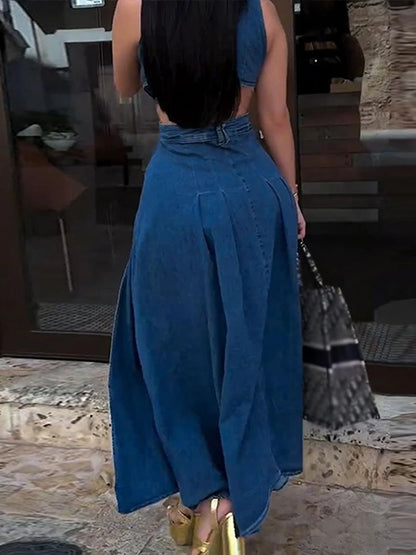 Sexy Sleeveless Denim Maxi Dress