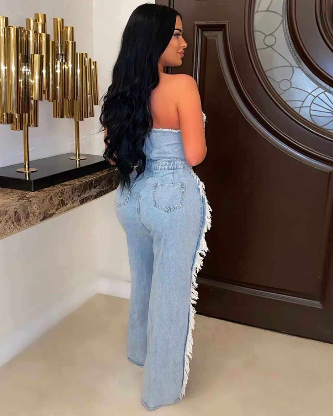 Off Shoulder Tassel Denim Jumpsuit   