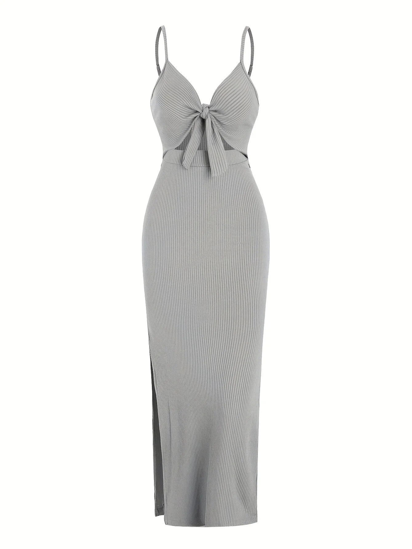 Sexy Ribbed Maxi Dress with Side Split Light Grey XS