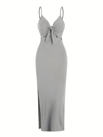 Sexy Ribbed Maxi Dress with Side Split Light Grey XS