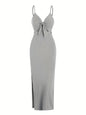 Sexy Ribbed Maxi Dress with Side Split Light Grey XS