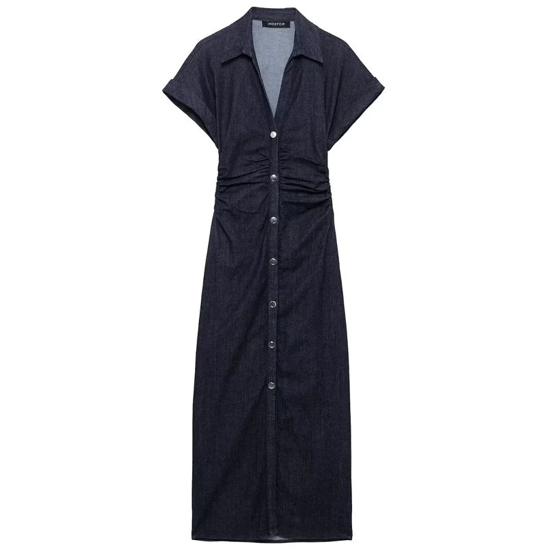 Ruched Waist Popper Front Denim Dress Navy Blue XS