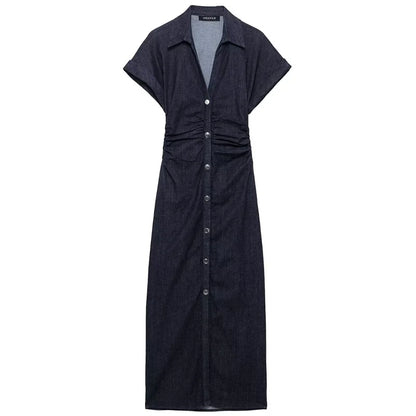 Ruched Waist Popper Front Denim Dress Navy Blue XS