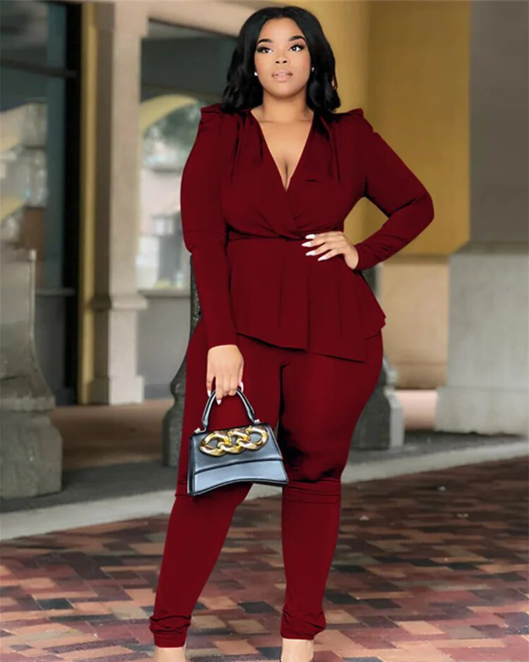 Plus Size Matching Top & Leggings Set Deep Red L 