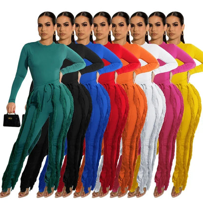 Long Sleeve Bodysuit Top and Tassel Pants Outfit