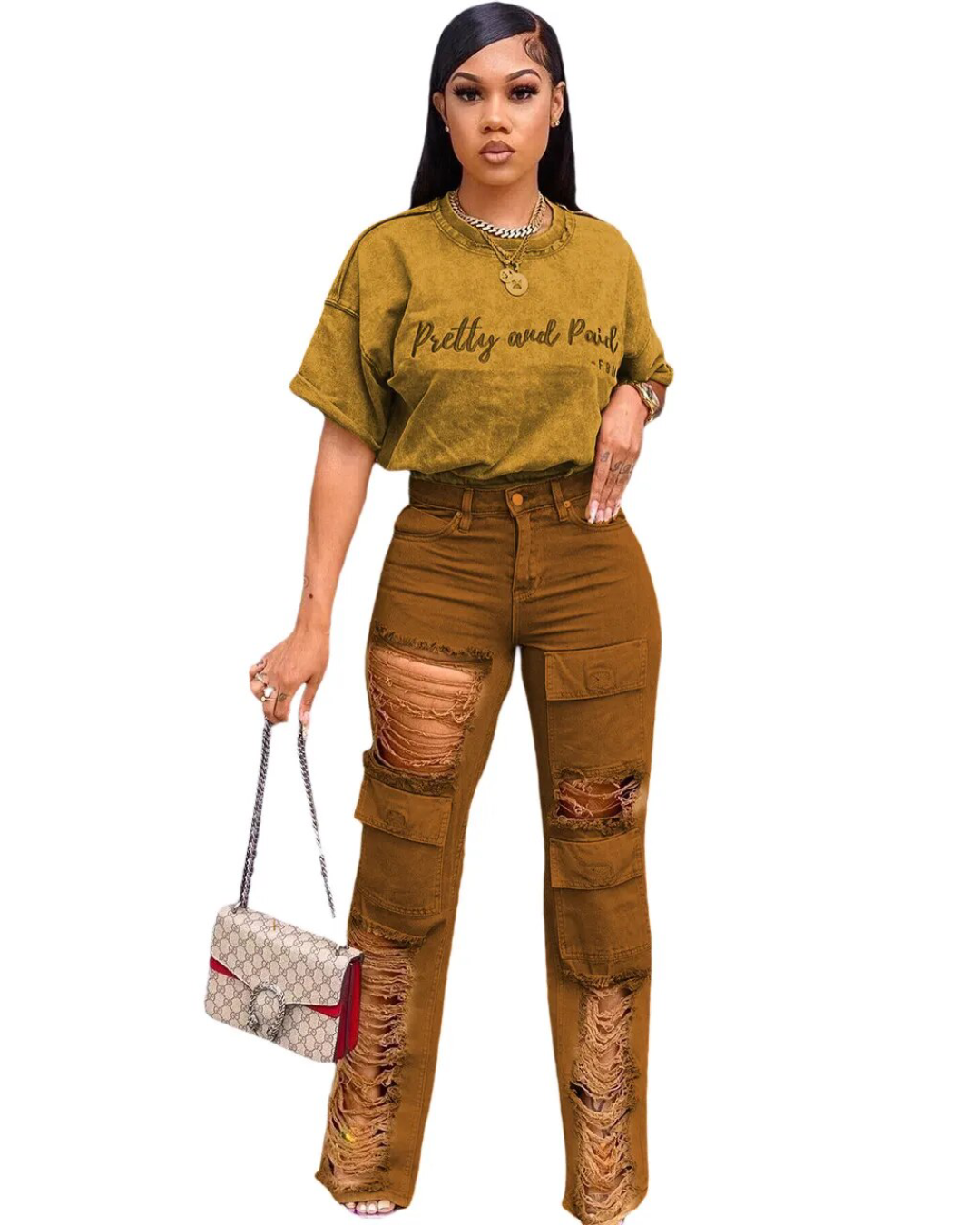 Ripped Jeans & Letter Embroidery Shirt Set Yellow S 