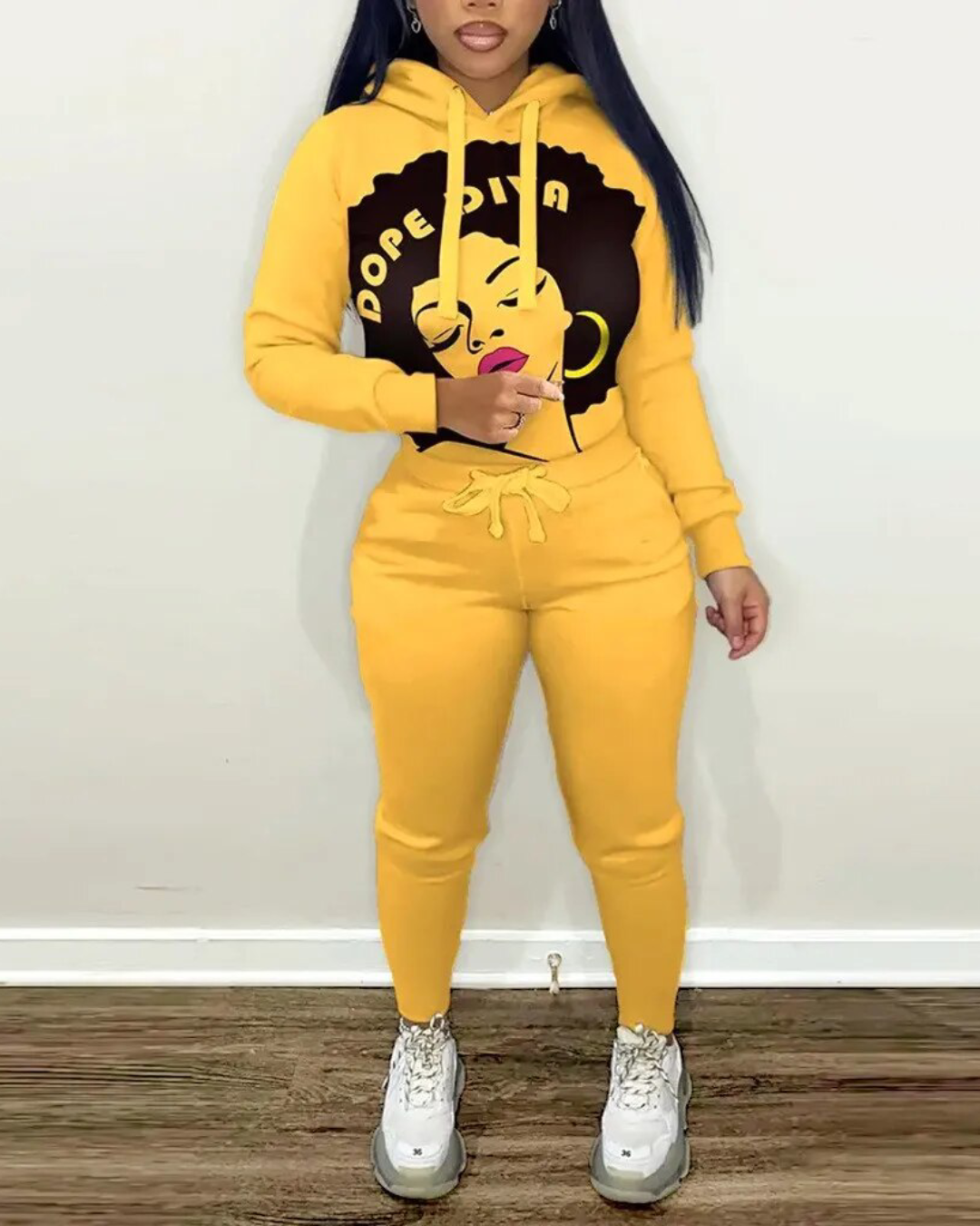 Long Sleeve Hoodie & Drawstring Pants Set Yellow S 