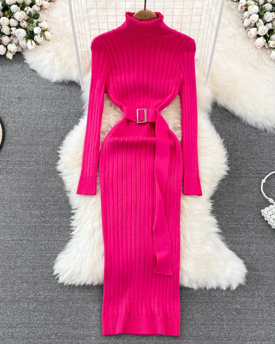 Turtleneck Long Sleeve Knitted Dress Rose Red One Size 