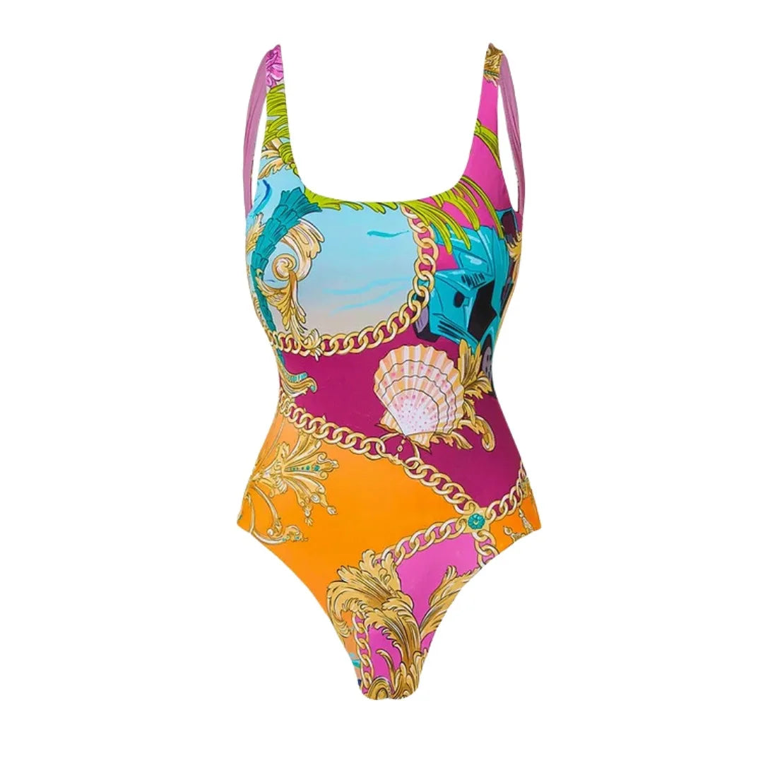 One Piece Swimsuit Set Printed Contrast Color Multicolor S