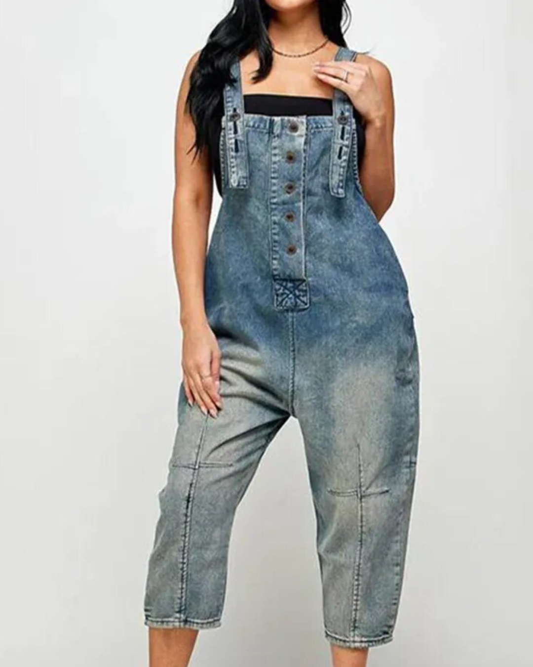 Pocket Design Buttoned Denim Jumpsuit Blue S 