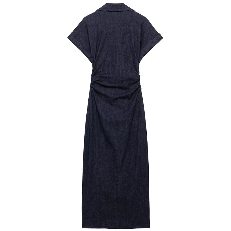 Ruched Waist Popper Front Denim Dress