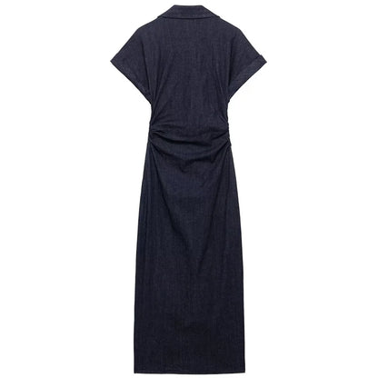 Ruched Waist Popper Front Denim Dress
