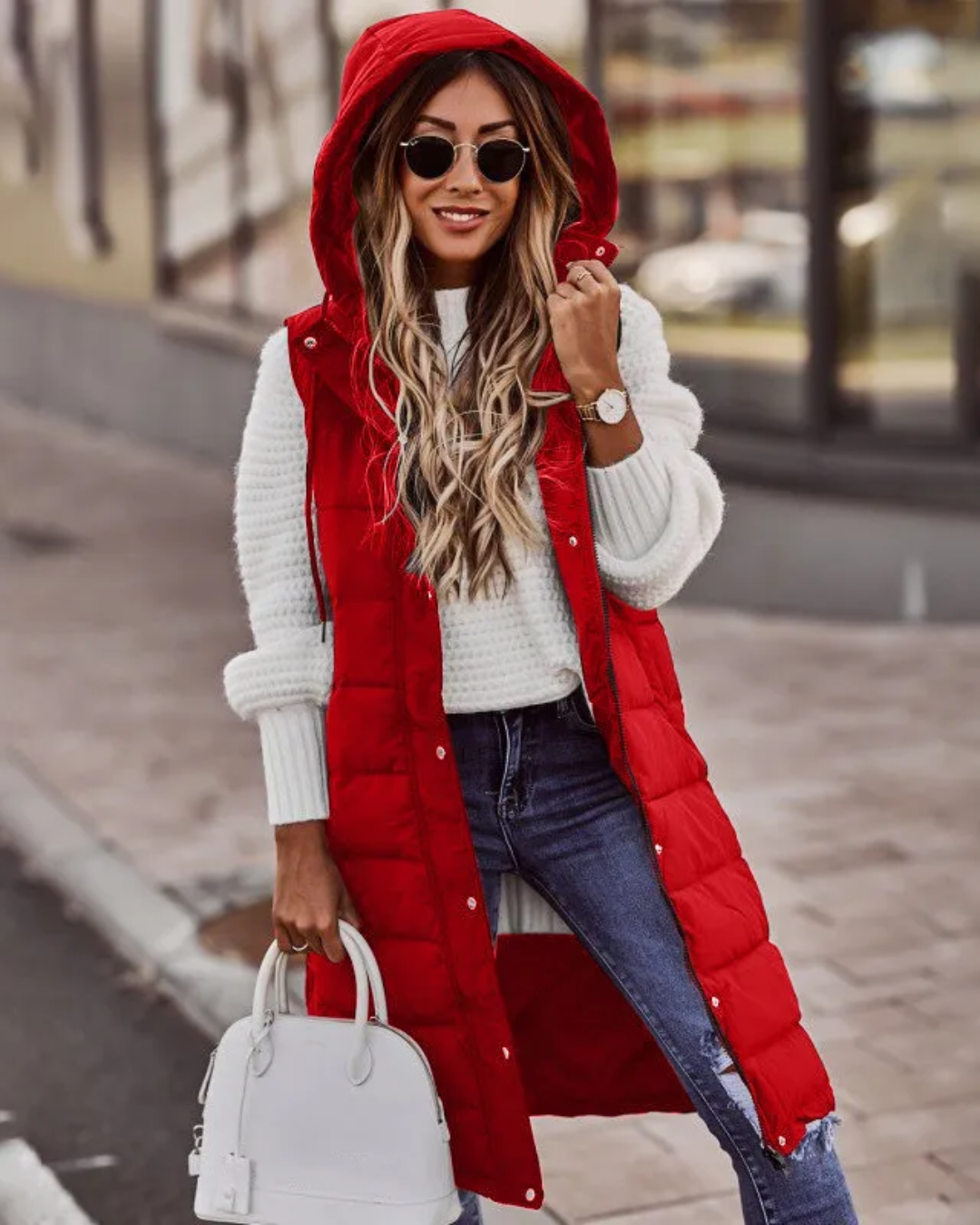 Cotton Padded Long Hooded Jacket Red S 